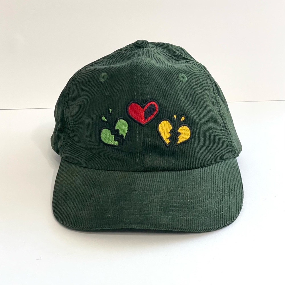 Green Corduroy Broken Hearts Hat. One Size